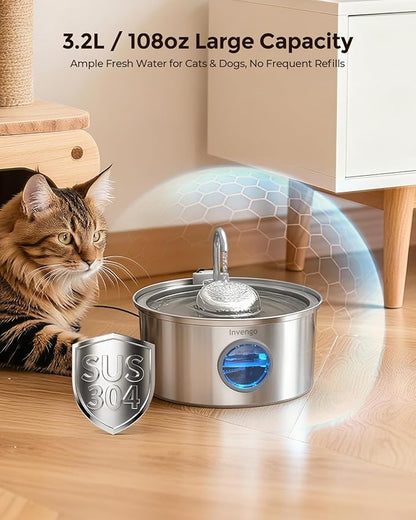 Invengo Cat Water Fountain Stainless Steel, 3.2L/108oz Pet Drinking Fountain for Cats Dogs, Automatic Cat Fountain with 2 Flow Modes, Splash-Proof Bowl, Includes 4 Replacement Filters