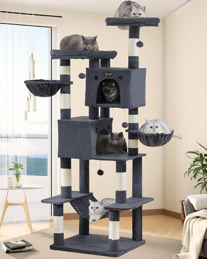 Large Cat Tree Tower for Indoor Cats Adult, 74.8 Inch Tall Large Multi-Level Tree Towers with Scratching Posts, Condo, Hammock, Bed for Big Cats, Modern Cat Trees Furniture Heavy Duty (Dark Gray)