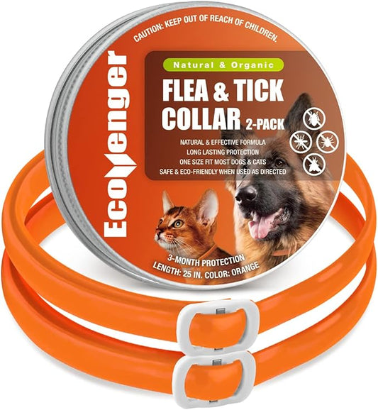 EcoVenger Flea Collars for Dogs & Cats - Flea & Tick Repellent 2-Pack Orange. Built-in Pant-Based Formula Strong Repellency Slow Release, Lasting Protection, Pleasant Aroma, Waterproof