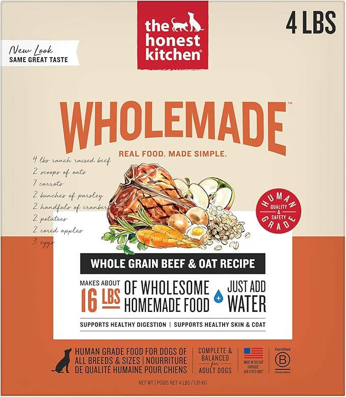 The Honest Kitchen Human Grade Wholemade™ Dehydrated Whole Grain Beef & Oat Dog Food - Complete & Balanced Meal or Topper - 4 lb Box
