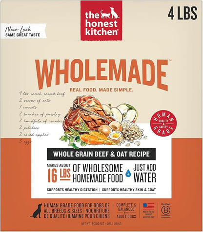 The Honest Kitchen Human Grade Wholemade™ Dehydrated Whole Grain Beef & Oat Dog Food - Complete & Balanced Meal or Topper - 4 lb Box