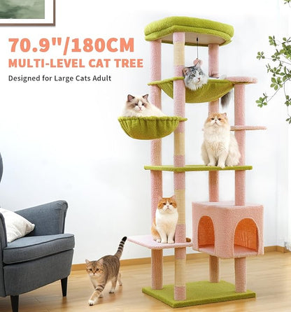 Made4Pets Tall Cat Tree, 71 Inches Cat Tree Tower for Indoor Cats Large Adult, Plush Multi-Level Cat Tower with 5 Scratching Posts, 2 Hammock, Condo and Perch, Big Cat House Indoor, Pink