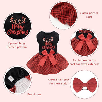 CuteBone Christmas Dog Dresses Velvet Holiday Small Dogs Clothes Onesie Pet Apparel Girl Puppy Skirt with Bow Hair Rope CVA59M-D