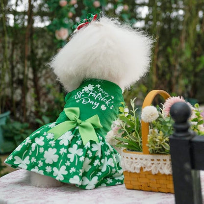 CuteBone St.Patrick's Day Dog Green Dress Velvet for Small Dogs Girl Puppy Dresses Clover Dog Clothes CVA14L-D