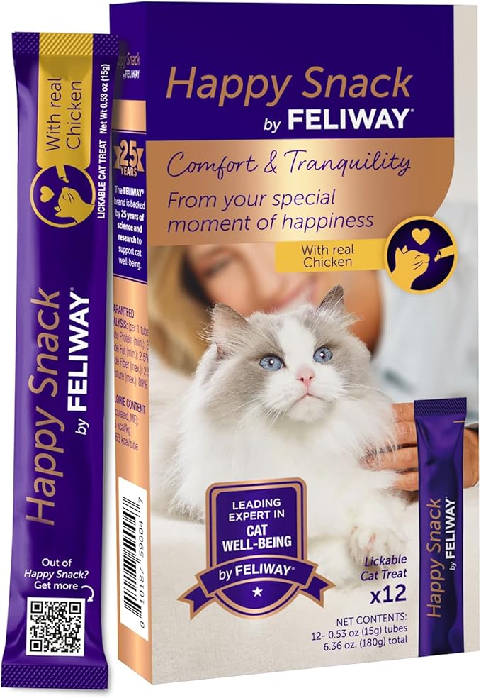 Happy Snack by FELIWAY®, Delicious, Lickable, Squeezable Purée Cat Treats for a Daily Calming Routine, Made with Real Chicken, 12 Pack (0.5oz Tubes)
