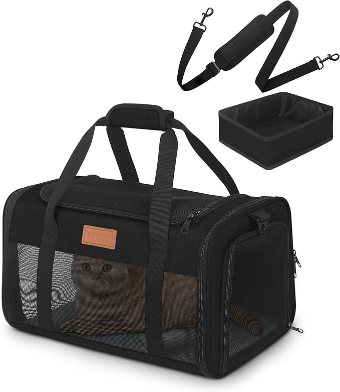PETUX Airline Approved Cat Carrier or Small Cat up to 12 lb - 17x11x9.5 in Underseat, Top & Side Entry Pet Carrier with Breathable Anti-Scratch Mesh & Litter Box for Travel and Vet Visit - Black