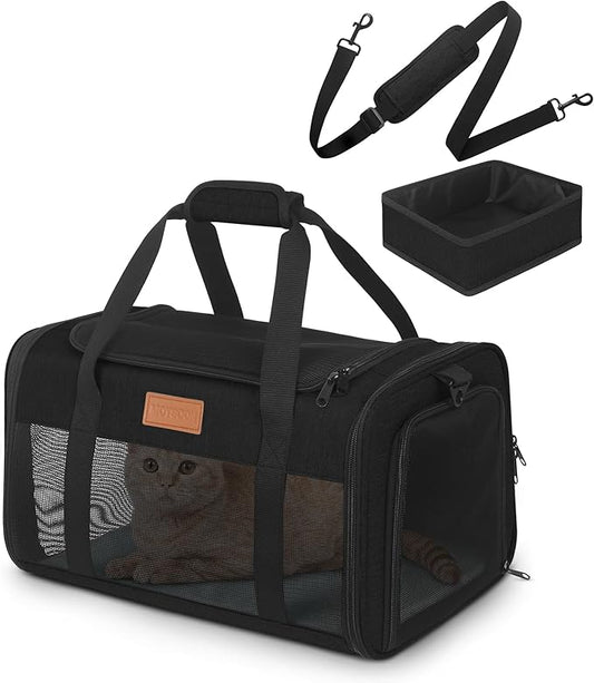PETUX Airline Approved Cat Carrier or Small Cat up to 12 lb - 17x11x9.5 in Underseat, Top & Side Entry Pet Carrier with Breathable Anti-Scratch Mesh & Litter Box for Travel and Vet Visit - Black