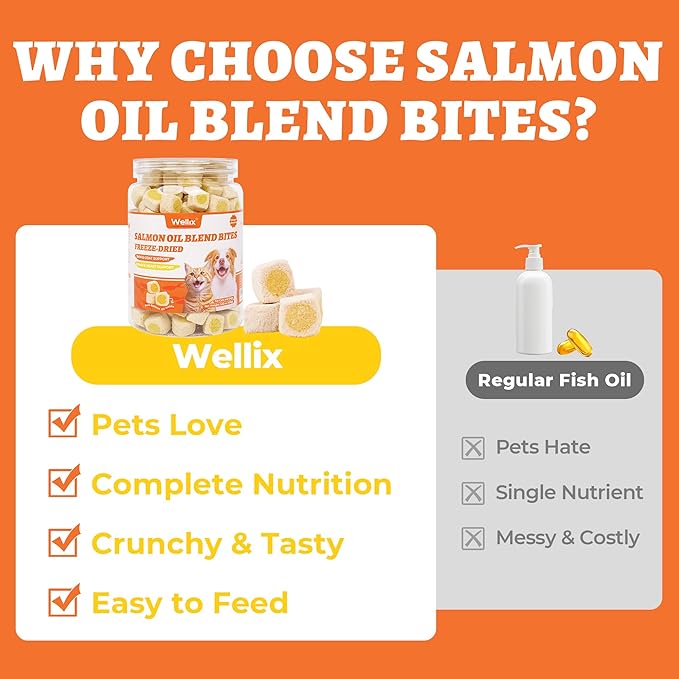 Wellix Salmon Oil Freeze Dried Treats for Cats&Dogs - Skin&Coat Chews with Taurine,Omega 3 for Cat - Crunchy Healthy Snacks for Indoor Training - Chicken&Fish Oil Flavor 3.53oz