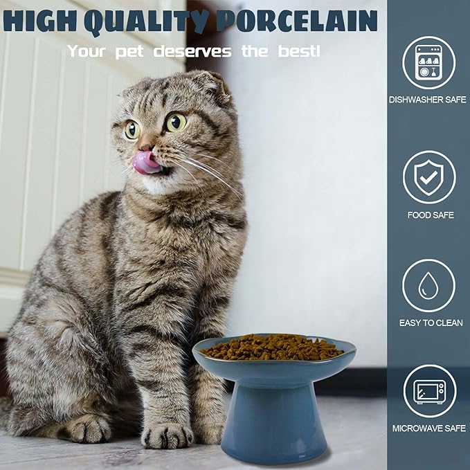 Extra Wide 6.1" Ceramic Raised Cat Food Bowl, Shallow Elevated Pet Feeder for Food Feeding, Anti Vomiting Whisker Fatigue Bowls for Cat Puppy, Blue