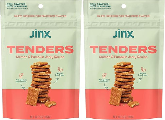 Jinx Tenders Salmon Jerky Dog Treats, All-Natural Ingredients, Soft and Chewy, Low-Calorie, Slow-Smoked Salmon & Pumpkin, No Fillers, 5oz (Pack of 2)