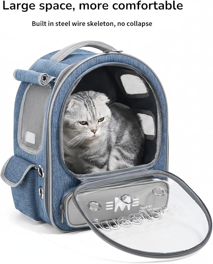 Cat Bubble Backpack Carrier, Clear Pet Bag for Cats and Small Dogs up to 20 Lbs, Great for Outdoor Hiking Camping (Blue Grey)
