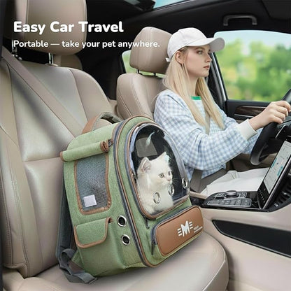 Cat Bubble Backpack Carrier, Clear Pet Bag for Cats and Small Dogs up to 20 Lbs, Great for Outdoor Hiking Camping (Green Orange)