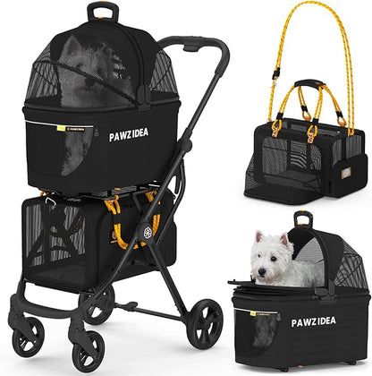 PAWZIDEA Double Pet Stroller with 2 Detachable Carriers, Portable Dog Crate for Car Travel & TSA-Approved Expandable Cat Carrier, Foldable Lightweight Jogger Stroller for 2–4 Cats or Small/Medium Dogs