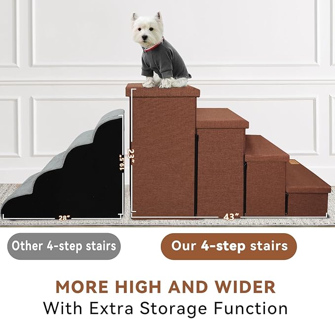 Dog Stairs with Storage 23" H, 4-Step Wider Dog Steps for High Beds Window, Folding Sturdy Pet Stairs Gift for Small/Medium/Large Old Dogs Cats, Ramp for Climbing Car Up to 200 lbs, Brown