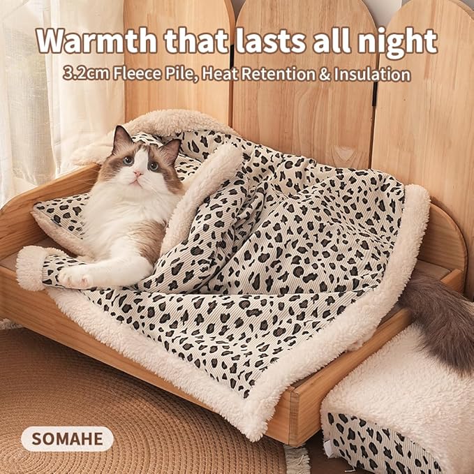 Cat Blankets for Indoor Cats Super Soft Plush Faux Fur Kitten Blankets Machine Washable Reversible Pet Throw Protector for Couch Furniture Leopard Print Blanket 28"X 22" in Green