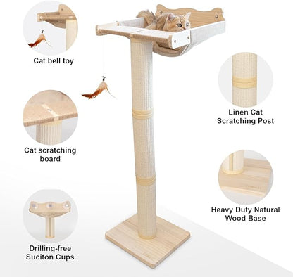 Upgraded Cat Window Perch with Scratching Post, 47.3" Adjustable Cat Tall Scratching Posts & Suction Cup – Multi-Level Perch for Climbing, Bird Watching, and Play, Supports 50 lbs (Drilling-Free)