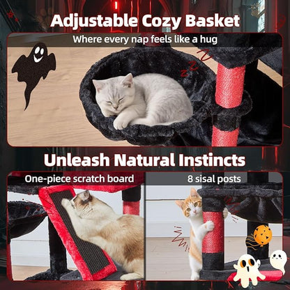 Taoqimiao Gothic Cat Tree 57.5-Inch, Cat Tower for Indoor Cats Large Adult, Extra Large Cat Condo, 8 Sisal Scratching Posts, Metal Frame Cozy Hammock, Durable Scratch Board, 2 Top Perches, MS026BR