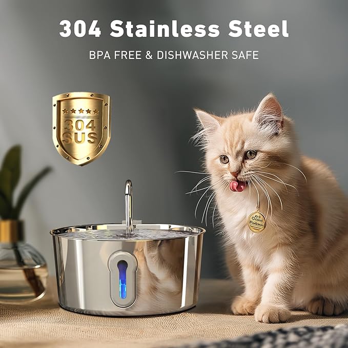 HAJXM Cat Water Fountain, 4.0L/135oz Automatic Pet Fountain Stainless Steel Large Dog Water Dispenser with Ultra-Quiet Pump & 6 Replacement Filters & for Cats Inside, Dogs, Multiple Pets