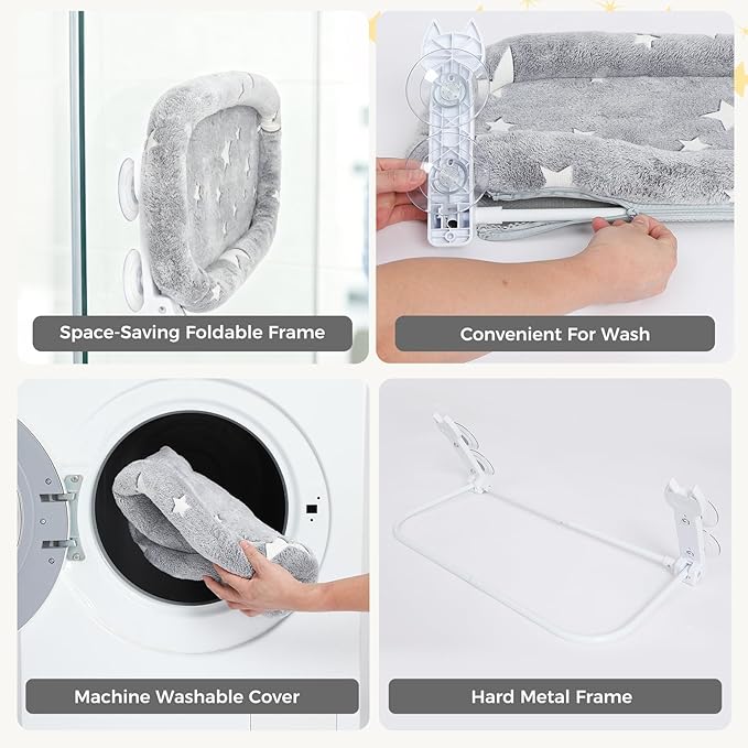 Homimp Cat Window Perch,Cordless Cat Window Hammock for Wall with 4 Strong Suction Cups,Solid Metal Frame and Two Replaceable Covers,Foldable Cats Bed for Large Cats and Kittens,Indoor Pet Seat,Grey M