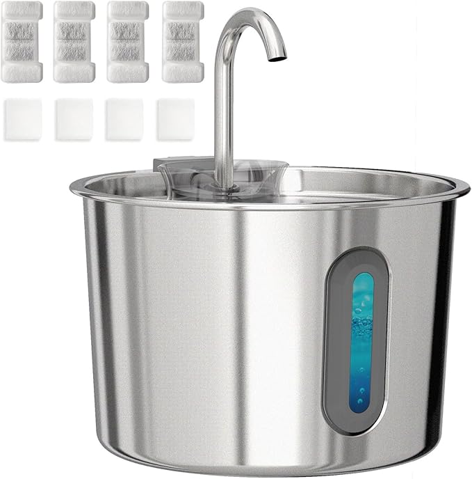 HAJXM Cat Water Fountain, 74oz/2.2L Cat Fountain for Drinking - Pet Water Fountain Stainless Steel for Cats Inside - Quiet Water Bowl Dispenser - Kitty Drinking Fountains - 4 Filters + 4 Sponges