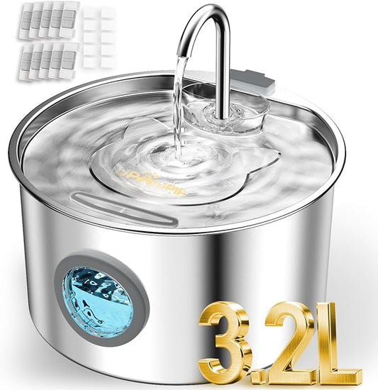 UPAWPIA 3.2L Cat Water Fountain Stainless Steel with 20 Filters Automatic Pet Water Fountain for Cats/Dogs Indoor Ultra Quiet Metal Cat Fountains for Drinking Kitty Watering Supplies for Animals