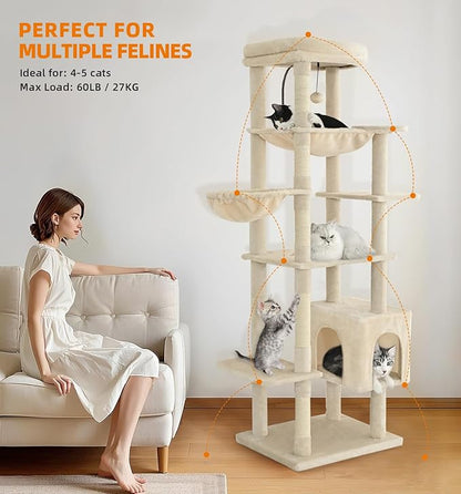 Made4Pets Tall Cat Tree, 71 Inches Cat Tree Tower for Indoor Cats Large Adult, Plush Multi-Level Cat Tower with 5 Scratching Posts, 2 Hammock, Condo and Perch, Big Cat House Indoor, Beige