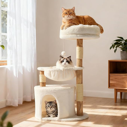 Veehoo Modern Cat Tree, Aesthetic Solid Wood Cat Tree Tower with Scratching Posts, Luxury Cat Condo with Large Hammock and Soft Plush Perch for Indoor Cats