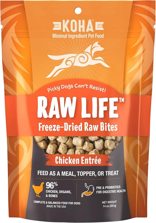 KOHA Raw Life Freeze-Dried Raw Bites Chicken for Dogs, High Protein Meal, Bites, and Treat for Picky Eaters, 14oz Bag