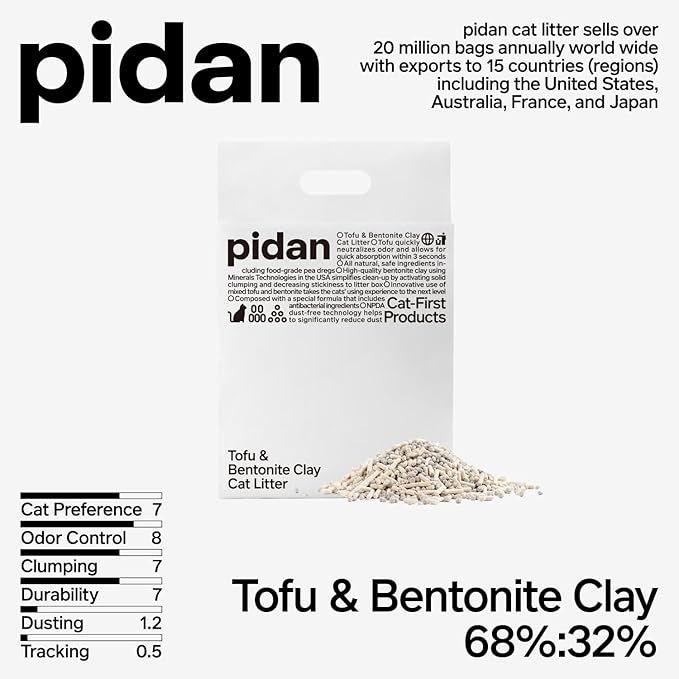 pidan Mix Cat Litter,Tofu Cat Litter with Bentonite 70%:30%,Absorbent and Fast Drying,Flushable Tofu Litter,Selected Quality Pea Dregs,5-Fold Water Absorption,Strong Clumping（5.3lb×2bags）