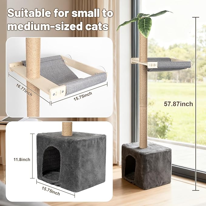 XiaZ Cat Window Perch with Tall Scratching Post, 58" Cats Window Hammock with Cat Condo, Multi-Level Cats Scratching Post for Climbing, Sleeping & Watching Birds