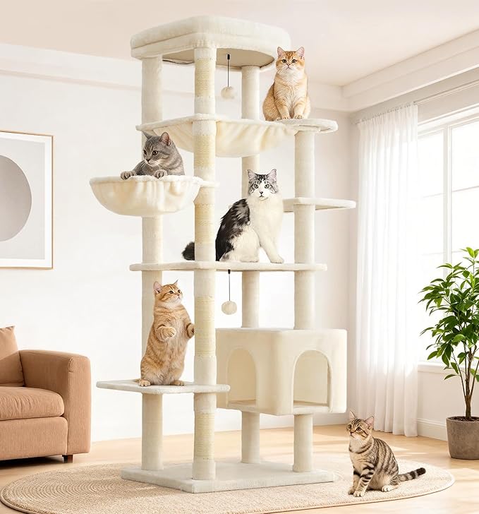 Made4Pets Tall Cat Tree, 71 Inches Cat Tree Tower for Indoor Cats Large Adult, Plush Multi-Level Cat Tower with 5 Scratching Posts, 2 Hammock, Condo and Perch, Big Cat House Indoor, Beige