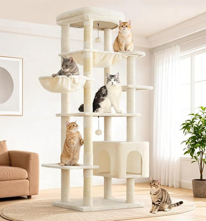 Made4Pets Tall Cat Tree, 71 Inches Cat Tree Tower for Indoor Cats Large Adult, Plush Multi-Level Cat Tower with 5 Scratching Posts, 2 Hammock, Condo and Perch, Big Cat House Indoor, Beige