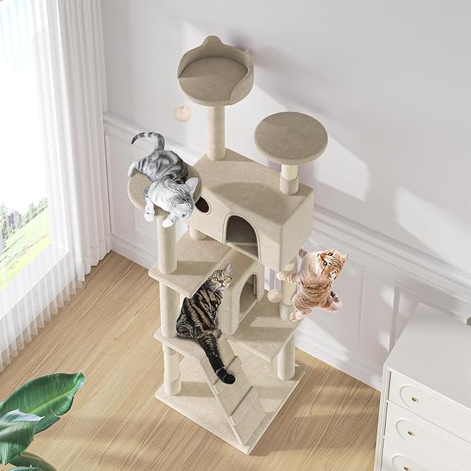 MoNiBloom 77 Inch Cat Tree Tower for Indoor Cats Large Adults, Tall Cat Tower with Scratching Post, Multi-Level Furniture Activity Center with Cat Condo Pet Play House, Beige