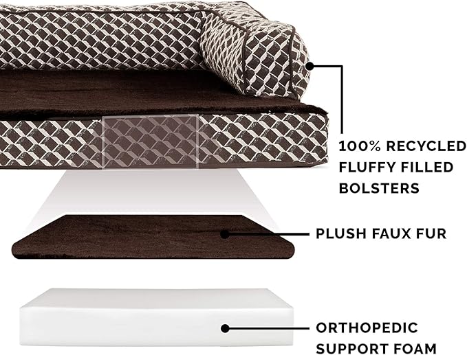 Furhaven Orthopedic Dog Bed for Large Dogs w/ Removable Bolsters & Washable Cover, For Dogs Up to 125 lbs - Plush & Woven Decor Comfy Couch Sofa - Diamond Brown, Jumbo Plus/XXL