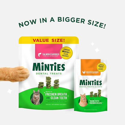 Minties Dental Treats for Cats, Salmon Flavored Cat Dental Treats, Freshens Breath and Controls Tartar, 10oz