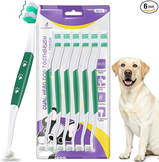 Dog Toothbrush – Newly Upgraded Dual-Head Design with 60° Wavy Bristles – Gently Surrounds Teeth for Deep Cleaning and Plaque Removal – Non-Slip Handle, Ideal for Daily Pet Dental Care (Green, 6-Pack)