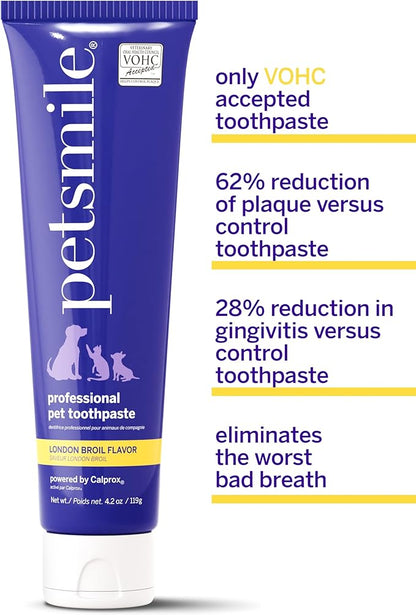 Petsmile Professional Pet Toothpaste for Cats & Dogs - Only VOHC Accepted Toothpaste - Clinically Proven to Control Plaque & Tartar Calprox Formula (London Broil, 4.2 Oz)