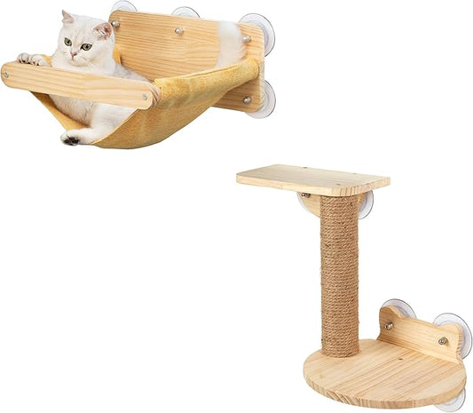 Cat Window Hammock Bed 4pcs/Set Cat Window Perch for Indoor Cats Seat with Two Shelves and One Scratching Post Sunction Cup Mounted