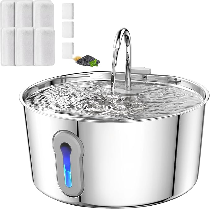 HAJXM Cat Water Fountain, 4.0L/135oz Automatic Pet Fountain Stainless Steel Large Dog Water Dispenser with Ultra-Quiet Pump & 6 Replacement Filters & for Cats Inside, Dogs, Multiple Pets
