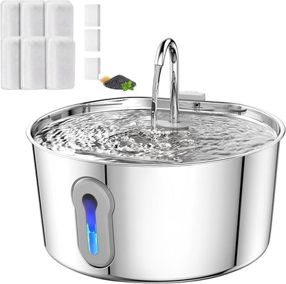HAJXM Cat Water Fountain, 4.0L/135oz Automatic Pet Fountain Stainless Steel Large Dog Water Dispenser with Ultra-Quiet Pump & 6 Replacement Filters & for Cats Inside, Dogs, Multiple Pets