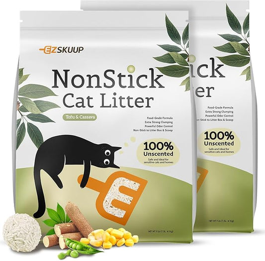 EZSKUUP Non-Stick Bottom Tofu Cassava Cat Litter, 2Pack Ultra Clumping Low Tracking Kitty Litter, Natural Biodegradable Litter, Plant Odor Control, Low Dust Easy to Scoop,18Lb
