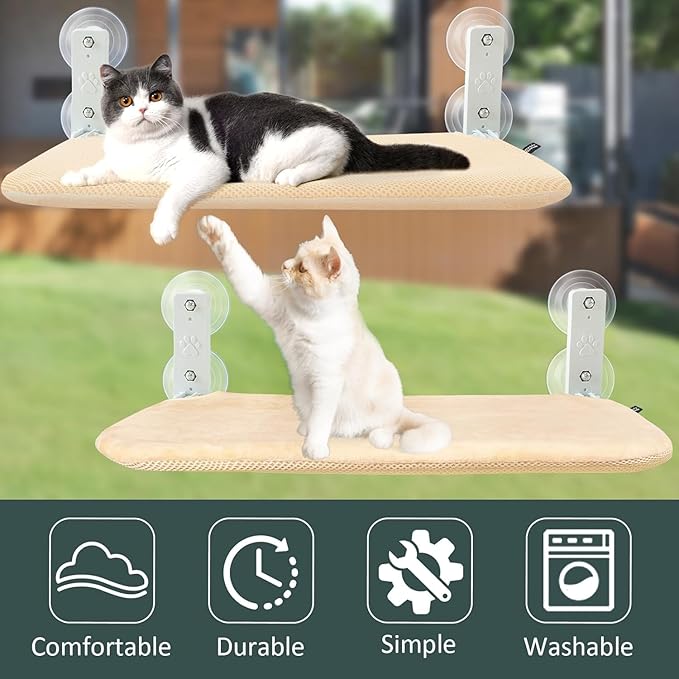 Sunhoo 2PCS Cat Window Hammock Perch Cordless Window Sill Seat Bed Foldable Kitty Lounger Indoor Cats Shelf Stable Upgraded Suction Cup Easy Assembly 20.5 * 11.8in Hold Up to 55lbs (Beige, M)