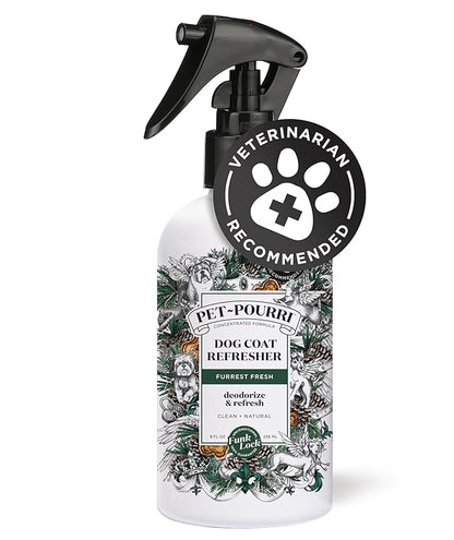 Poo-Pourri Furrest Fresh Dog Deodorizing Spray, 8 Fl Oz Grooming Perfume for Dog Coat, Pet Odor Neutralizer with Essential Oils, Vet Recommended, Paraben & Sulfate-Free Fir, Amber, & Cedarwood Scent