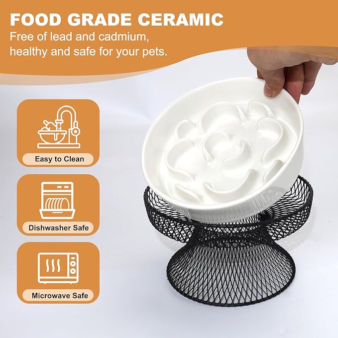 Raised Ceramic Cat Slow Feeder Bowl Elevated Food Bowl with Stand, Cat Slow Bowl for Wet Food and Dry Food, Whisker Friendly Pet Feeder for Kitty and Small Dog