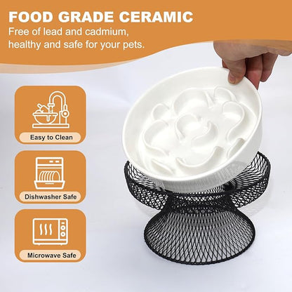 Raised Ceramic Cat Slow Feeder Bowl Elevated Food Bowl with Stand, Cat Slow Bowl for Wet Food and Dry Food, Whisker Friendly Pet Feeder for Kitty and Small Dog