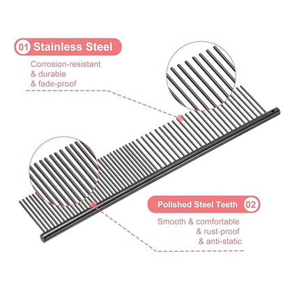 Dog Cat Comb, Pet Combs Stainless Steel Teeth with Rounded Ends for Knots Mats Loose Hair Removal, 6.5/7.5IN (Black Plated, 2 Pack), Grooming Tool Intended for Long Curly Hair Pet