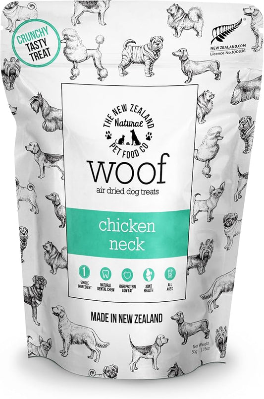 The New Zealand Natural Pet Food Co. - Air Dried WOOF Chicken Neck Treat - Mixer, or Topper - Air Dried, High Protein,Natural, Single Ingredient - 1.76oz