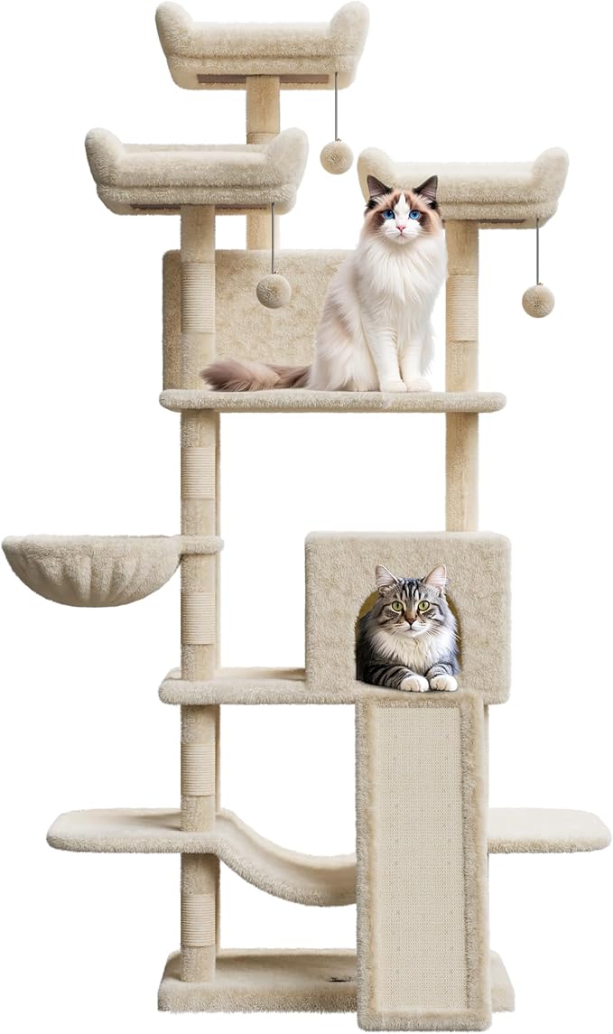 68.5 Inch Tall Cat Tree Tower, Heavy Duty Multi-Level Cat Tower with Scratching Posts, Condo, Plush Perches, Hammocks, Basket & Dangling Balls, Cat Furniture for Indoor Cats
