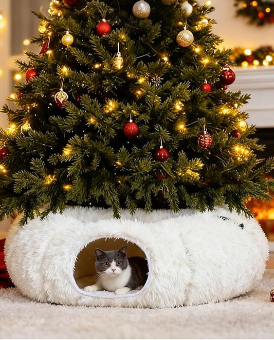 RELAXLATE Large Cat Tunnel Bed for Indoor Cats,Cat Bed, Cat Tunnel Christmas Tree Skirt, Cat Donut Tunnel Toys with Warm Soft Plush, for Cats, Kittens, Small Pets (White)