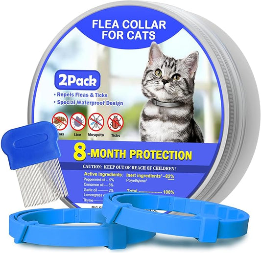 Flea and Tick Collar for Cats 2 Pack, 8 Months of Cat Flea Collar Protection 2 Collars Made with Premium Plant Based Essential Oil Waterproof and Natural Treatment Prevention Free Comb